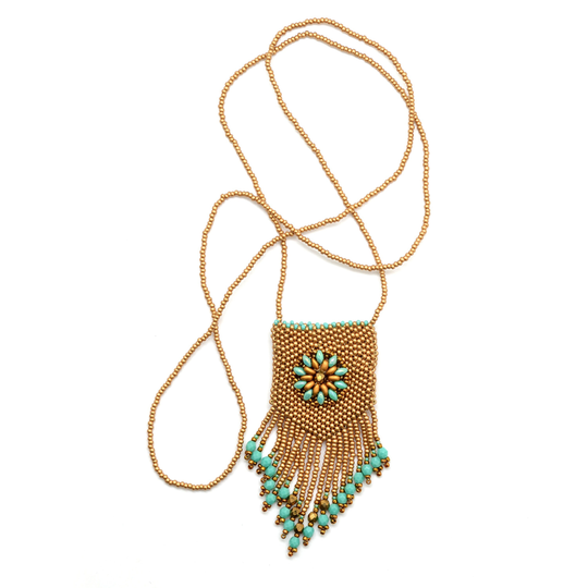 Gold & Turquoise Amulet Pouch, Beaded Crystal Pouch Necklace, Meditation Gift For Yoga Girl, Fair Trade Jewelry, Special Vegan