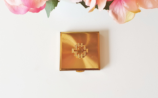 Kigu Vintage Powder Compact, Square Gold Cosmetic Case, Brushed With Raised, Convertible 1950S Pressed & Loose