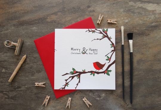 By The Shed - Christmas Card Robin in Holly Tree, Branch Xmas Card, Seasons Greetings, Festive, Bird, Berries