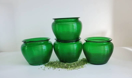 Emerald Green Glass Humidors National Potteries Cleveland Vintage Planters Set Of 4 Bowls