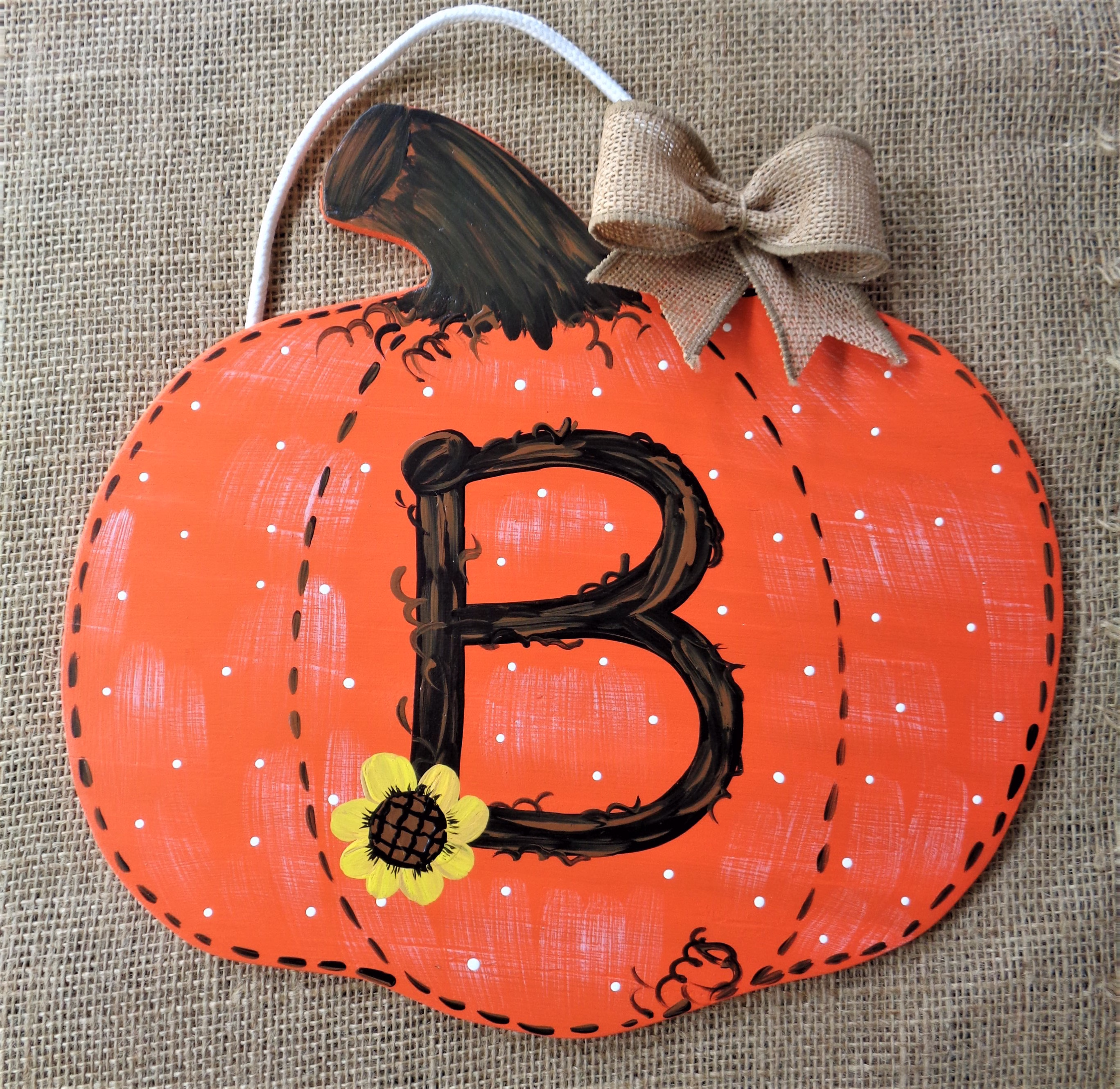 Monogram Pumpkin W/Sunflower Sign Wall Door Plaque Hanger Holiday Seasonal Decor Wood Wooden Wreath Embellishment Handcrafted Hand Painted