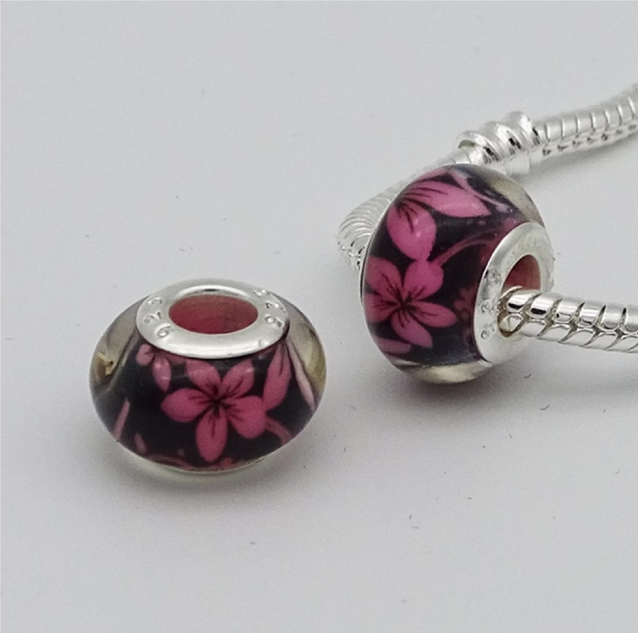 Murano Glass Pink Hibiscus Black Smooth Charm Bead With Silver Colored Core