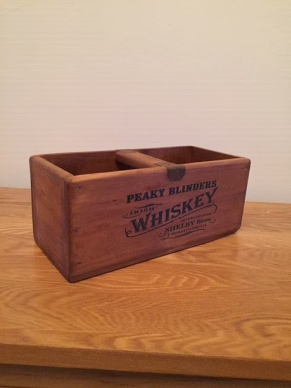 Solid Hardwood Waxed Storage Box With Centre Bar - Peaky Whiskey 16cm High