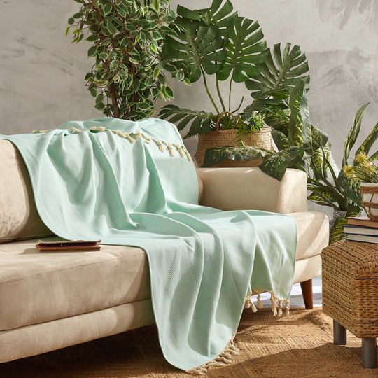 Duck Egg Blue Throw - Organic Cotton Bedspread Lightweight Blanket Armchair Cover Travel & Picnic Rug 130 cm X 170