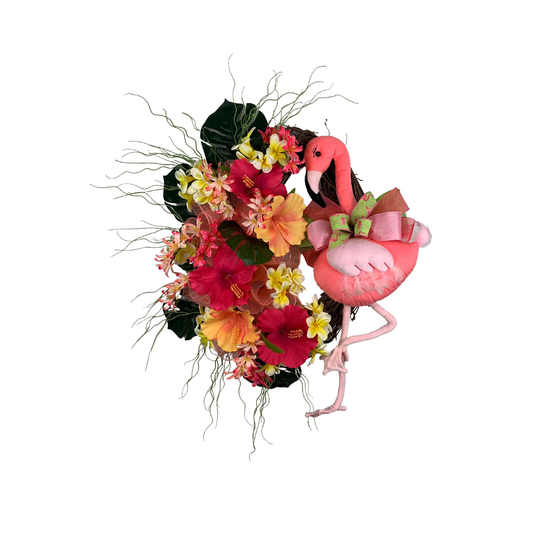 Pink Flamingo Wreath For Front Door, Tropical Flamingo Wreath, Summer Porch Decor, Hibiscus Luau Decor