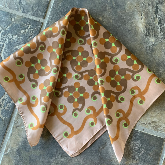 Mod 60S Scarf, Abstract Organic Print, Square Neck Head Scarf, Purse Accessory, Gift For Her, Lime Green, Ochre Brown, 19
