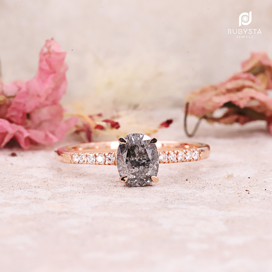 Salt & Pepper Diamond Ring | Engagement Oval Gold Art Deco Natural Proposal