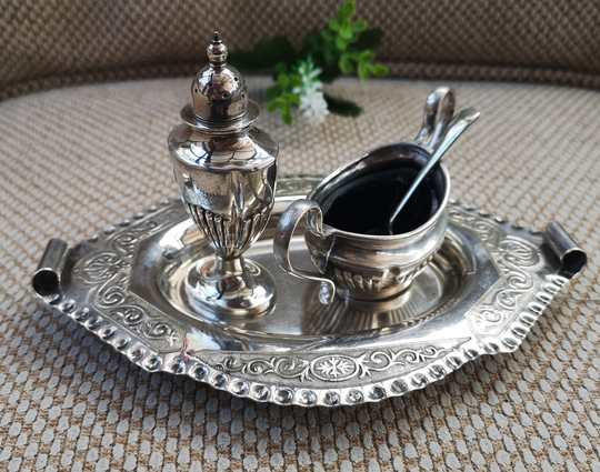 2 Piece Cruet Set On Tray, Silverplate & Blue Glass Salt & Pepper, Cooper Brothers Tray