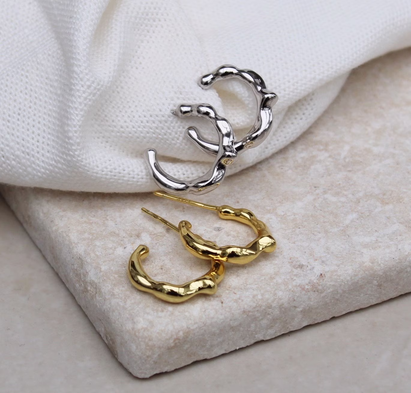Small Organic Silver Hoops , Small Irregular Dainty Sterling Simple Everyday Modern Geometric