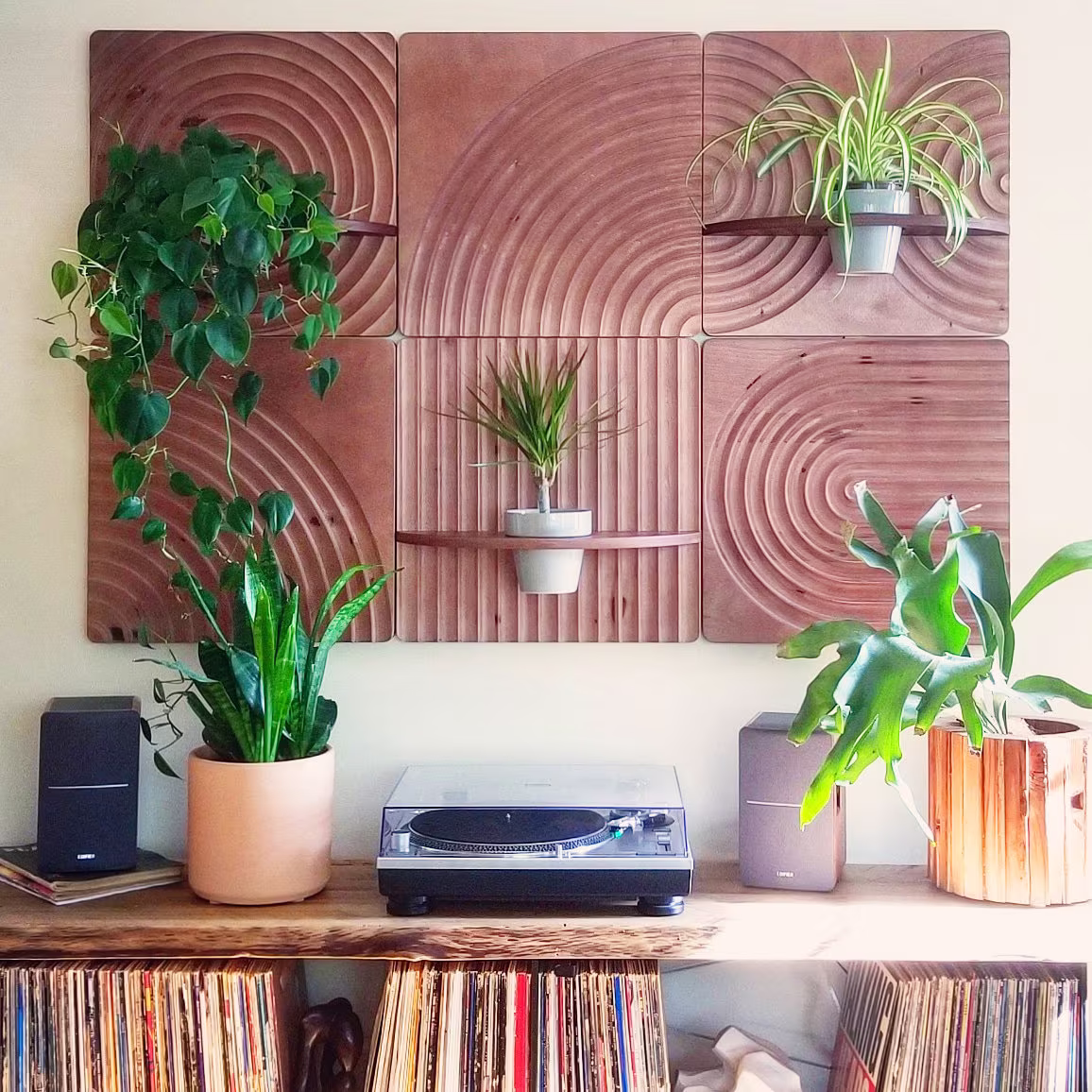Karvd Ripple - Hanging Planter Wall Mounted Plant Stand Indoor Panel Shelf Garden Wood Carved Water Art