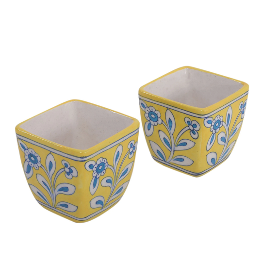 Set Of 2 Hand Printed Ceramic Small Square Cactus & Flower Planter With Floral Print For Office, Desk, Indoor Table Outdoor Garden