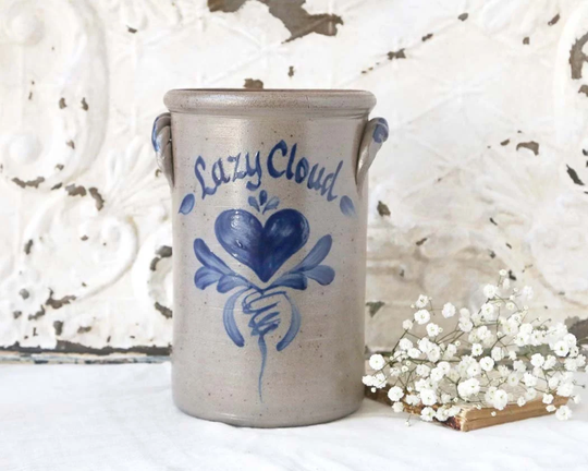 Rowe Pottery Works Crock, Lazy Cloud Large Salt Glazed Vintage Crock