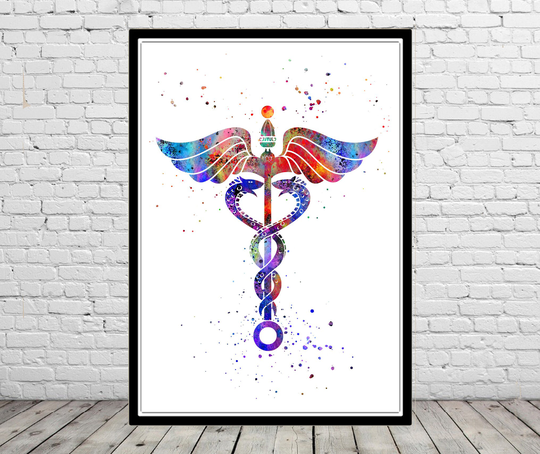 Caduceus Watercolor Print Medical Art Registered Nurse Gift Graduation Wall Unique Birthday Personalized Gifts