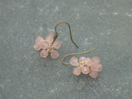 Quince Blossom Earrings, Seed Bead Flower in Pink, Bronze, & Pale Yellow Czech Seed Beads, UK Seller