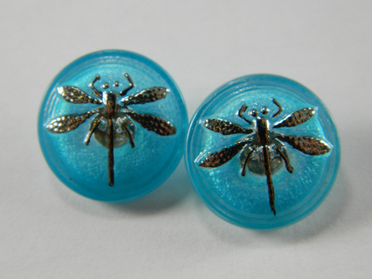 18mm Powder Blue With Anti-Silver Dragonfly Czech Glass Button - Delicate 49