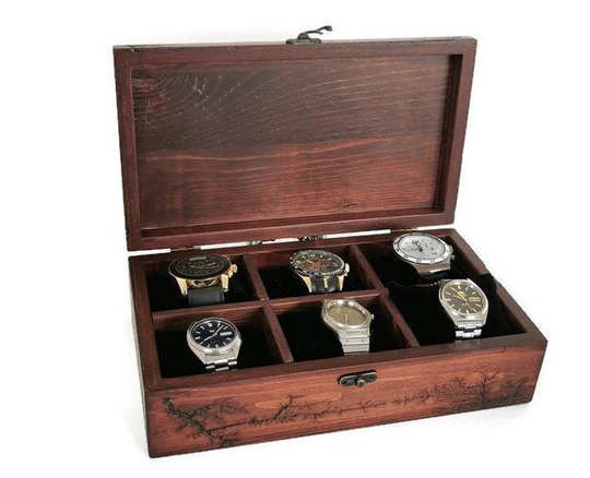 Wood Watch Box, Lichtenberg Figure, Men's Watches Organizer, Personalized 5Th Anniversary Gift, Keepsake Memory Storage Organizer