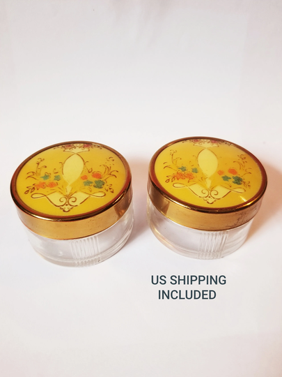 Cosmetics Jars Glass With Ceramic & Metal Top Hand Painted Yellow Floral Vintage Containers Free Shipping