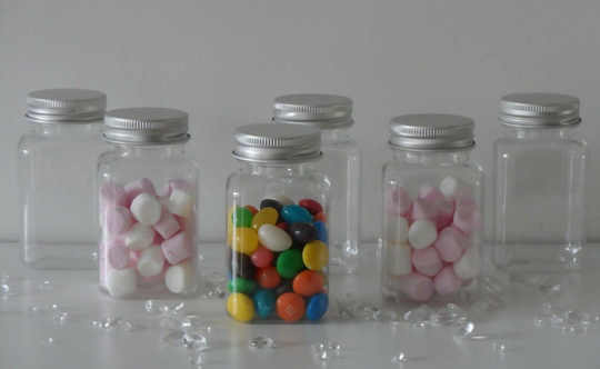 Clear Plastic Jars/Bottles Childrens Party Sweets Wedding Favours With Aluminium Lids