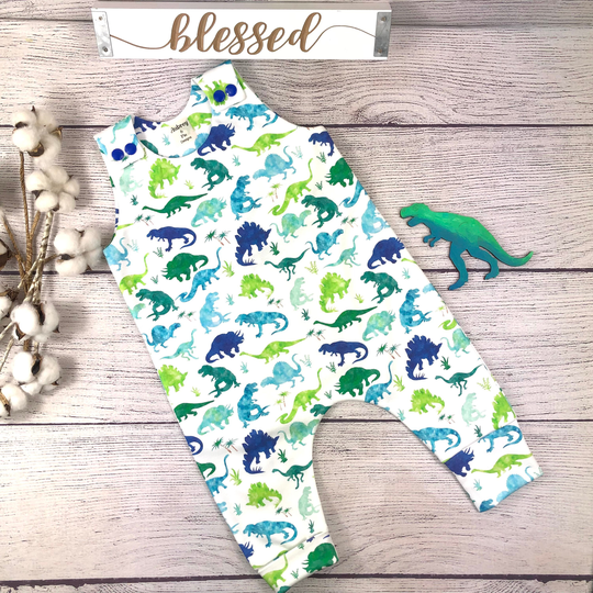 Organic Dino Romper, Organic Baby Clothes, Harem Modern Trendy Baby, Unique Boy Clothes