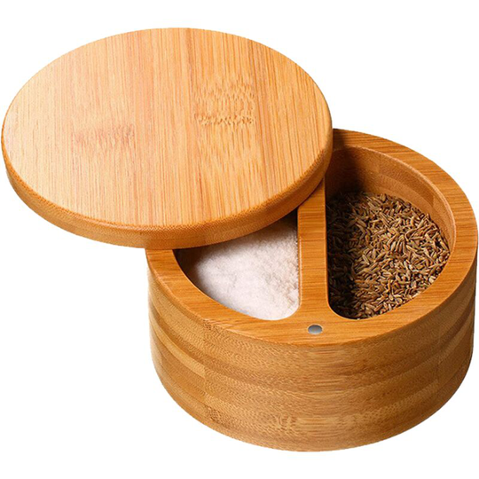 Premium Bamboo Salt Container, Salt Cellar with Magnetic Swivel Lid - Salt Box with Spoon Double compartment seasoning jar
