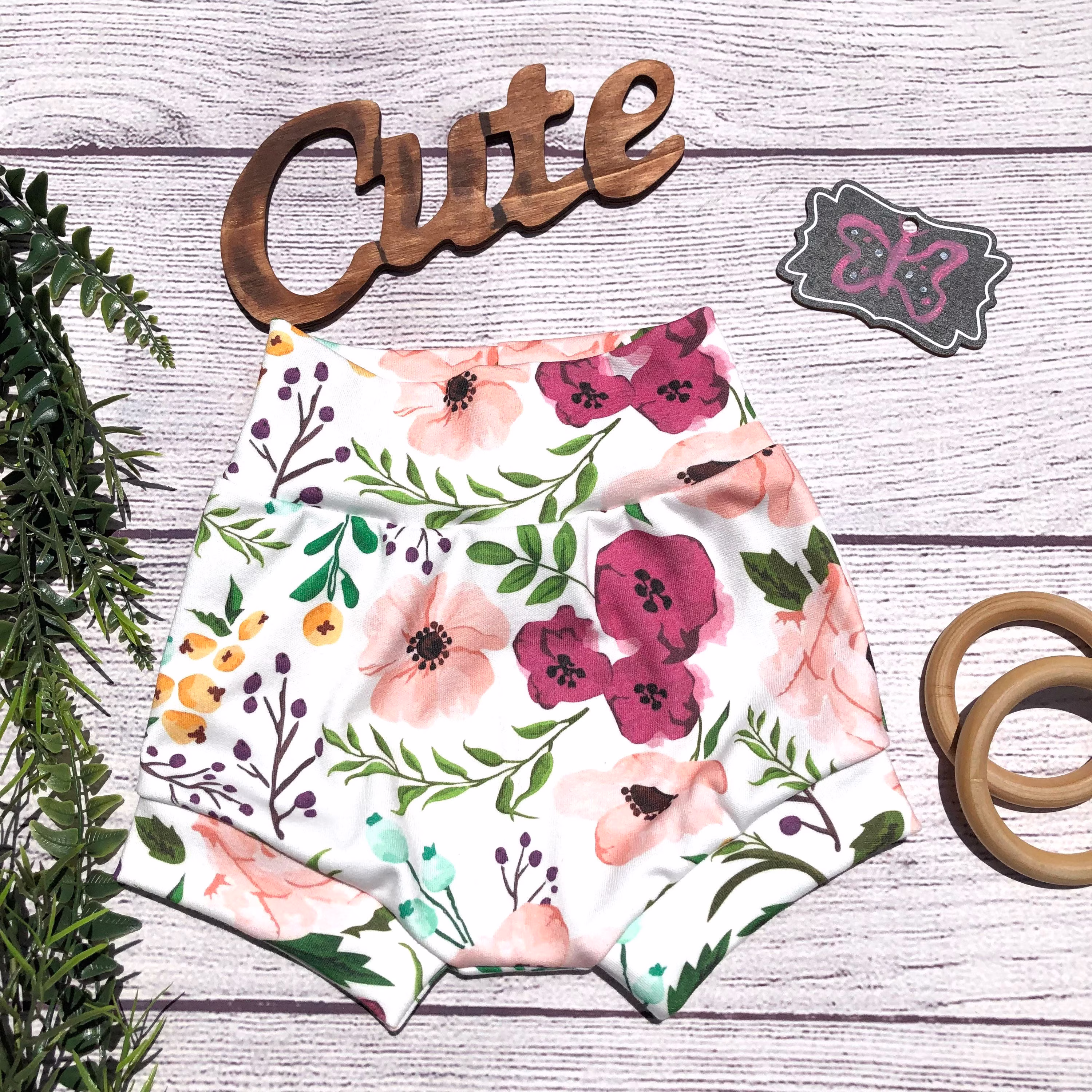 Organic, Flowers High Waisted Bummies, Shorties, Boho Baby Bloomers, Toddler Shorts, Diaper Cover, Spring, Easter