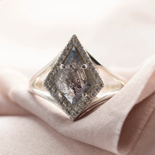 Kite Salt & Pepper Diamond Ring Halo Engagement Unique Split Shank By Mialis Jewelry