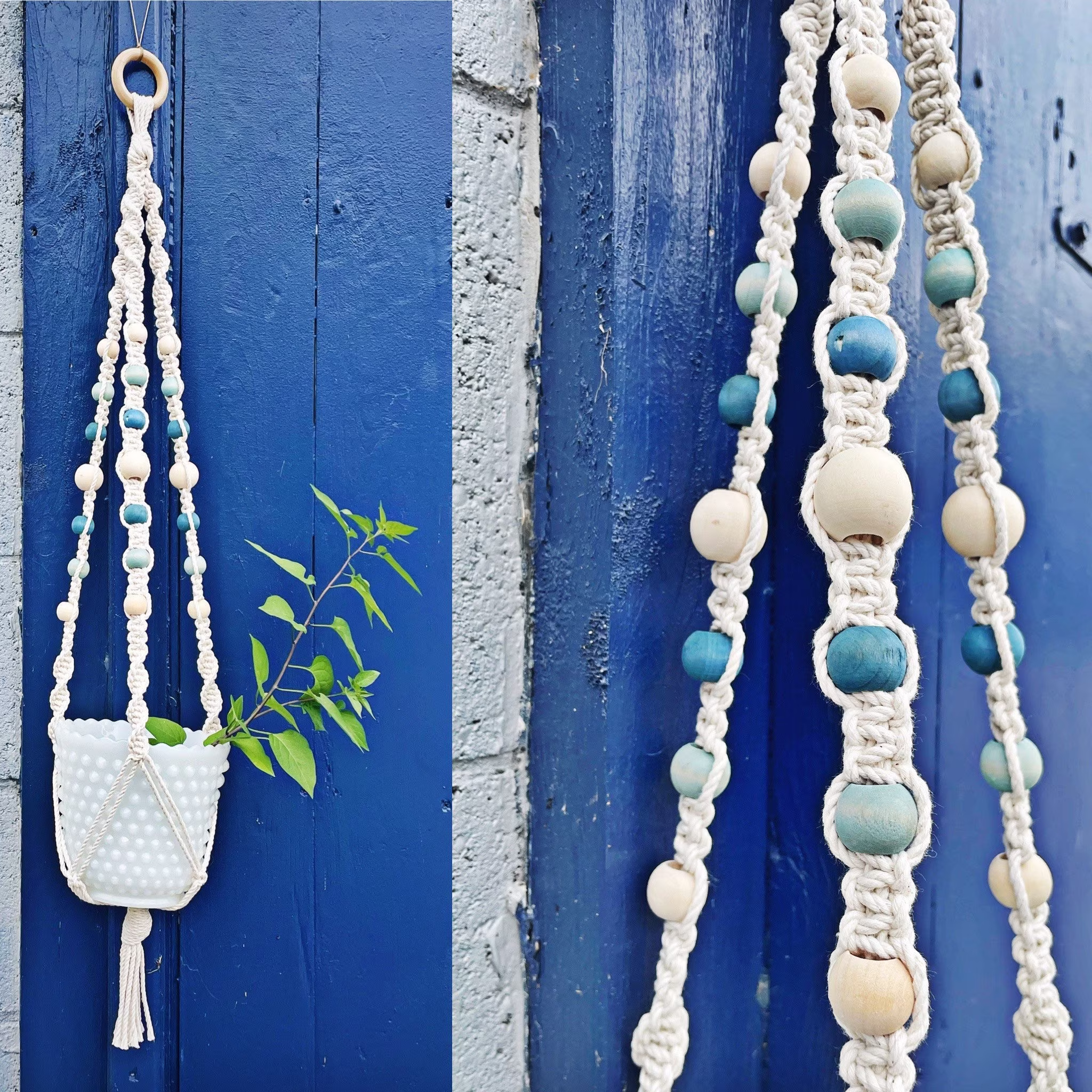 Beaded Plant Hanger || Natural Cotton Cord & Blue Wooden Beads Macrame Hanging Planter 35 Inches Long