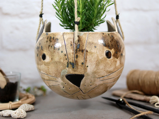 Large Ceramic Hanging Planter | Cute Smiling Cat Indoor Outdoor Use Animal Lovers Gift