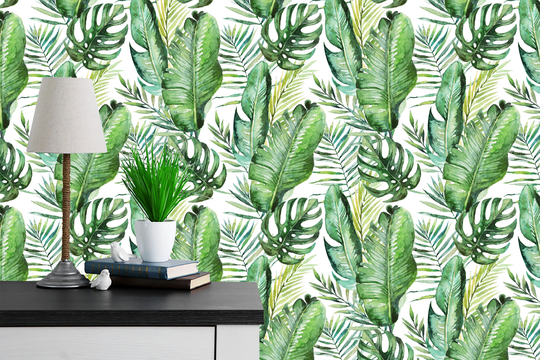 Watercolor Tropical Palm & Fern Leaves Hand Painted, Green Home Decor, Peel & Stick, Removable Wallpaper, Floral Wallpaper