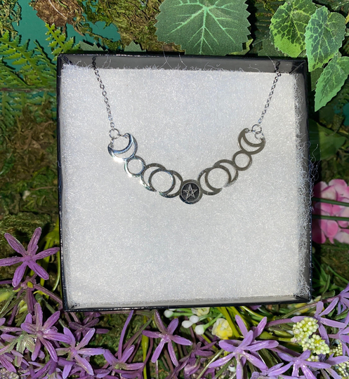 Witchy Triple Moons & Pentacle Stainless Steel Pendant On Silver Alloy Chain, Gift, Jewelry, Wiccan, Pagan