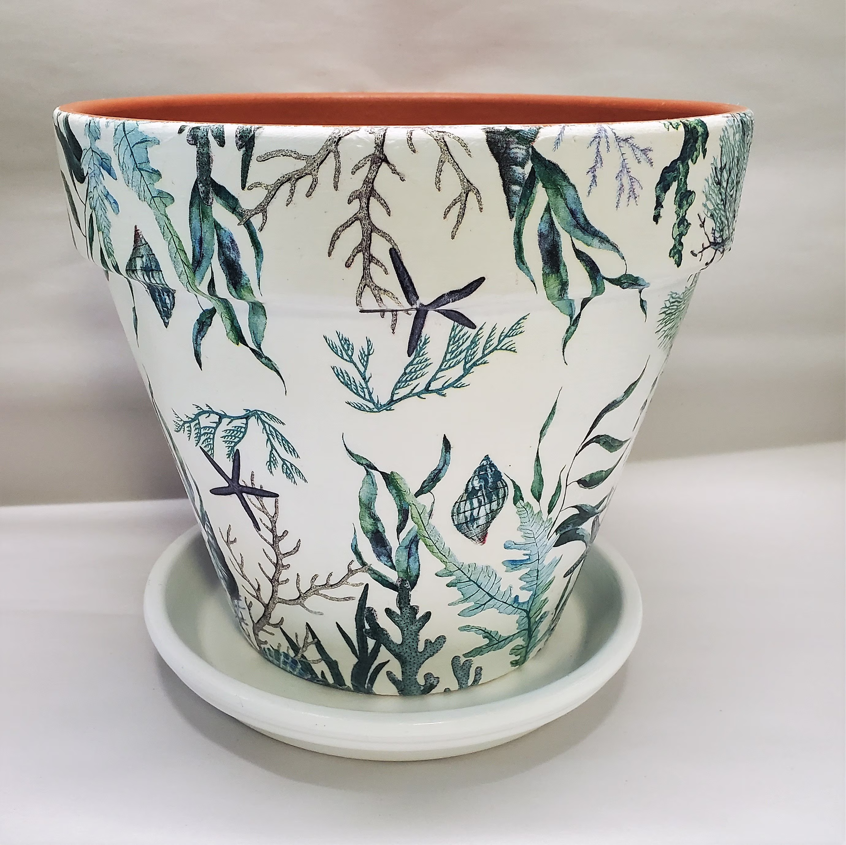 Made To Order, Handmade Decoupage Terra Cotta Indoor Flowerpot-Nautical-Seashells-Coral 10