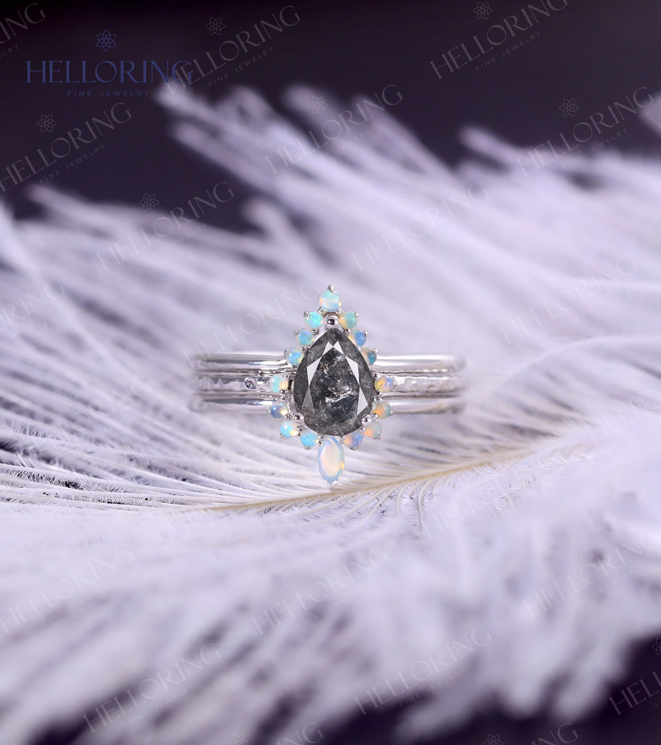 Salt & Pepper Diamond Engagement Ring Set White Gold Pear Cut Opal Wedding Band Vintage Hammered Bridal Promise Anniversary