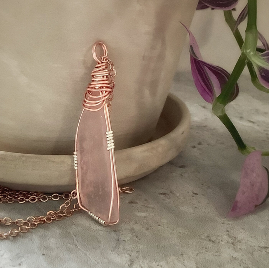 Pink Sea Glass Necklace, Wire Wrapped Pendant, Rose Gold Glass, Salt Life Jewelry, Mermaid Necklace