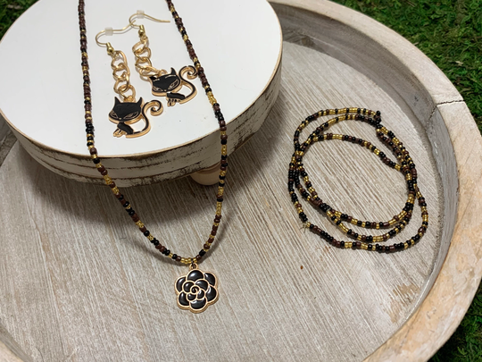 Gold Black Cat Seed Bead Necklace Bundle