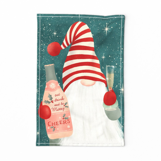 Holiday Gnome Tea Towel - Eat Drink & Be Merry By Monicamota Pink Green Cute Red Christmas Linen Cotton Canvas Spoonflower