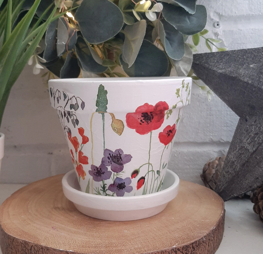 Lovely Poppy & Wildflower Decoupaged Terracotta Plant Pot. Available in Two Sizes