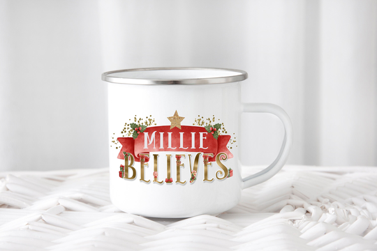 Personalised Christmas Mug, Xmas Believes Design Gift, Holiday Season Hot Chocolate Cup, Movie Mug