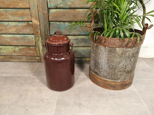 Vintage French Brown Enamel Metal Milk Water Churn Planter Vase Flower Display