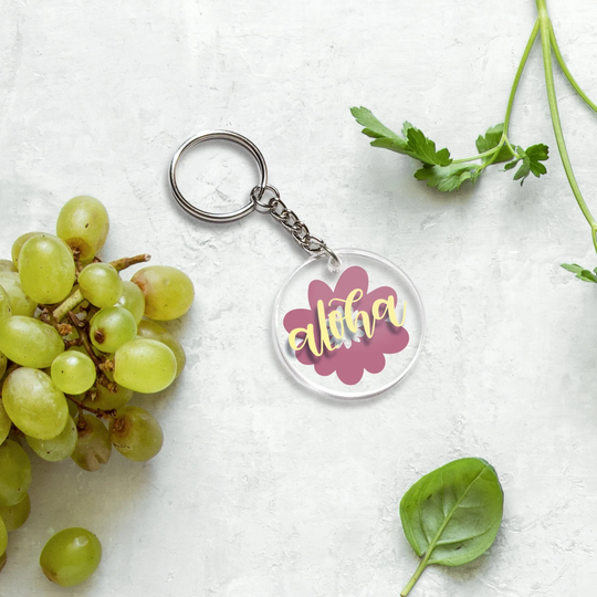 Aloha, Pineapple, Hibiscus, Flower, Lei, Summer, Sunny, Keychain, Acrylic, Yellow, Pink, Vinyl