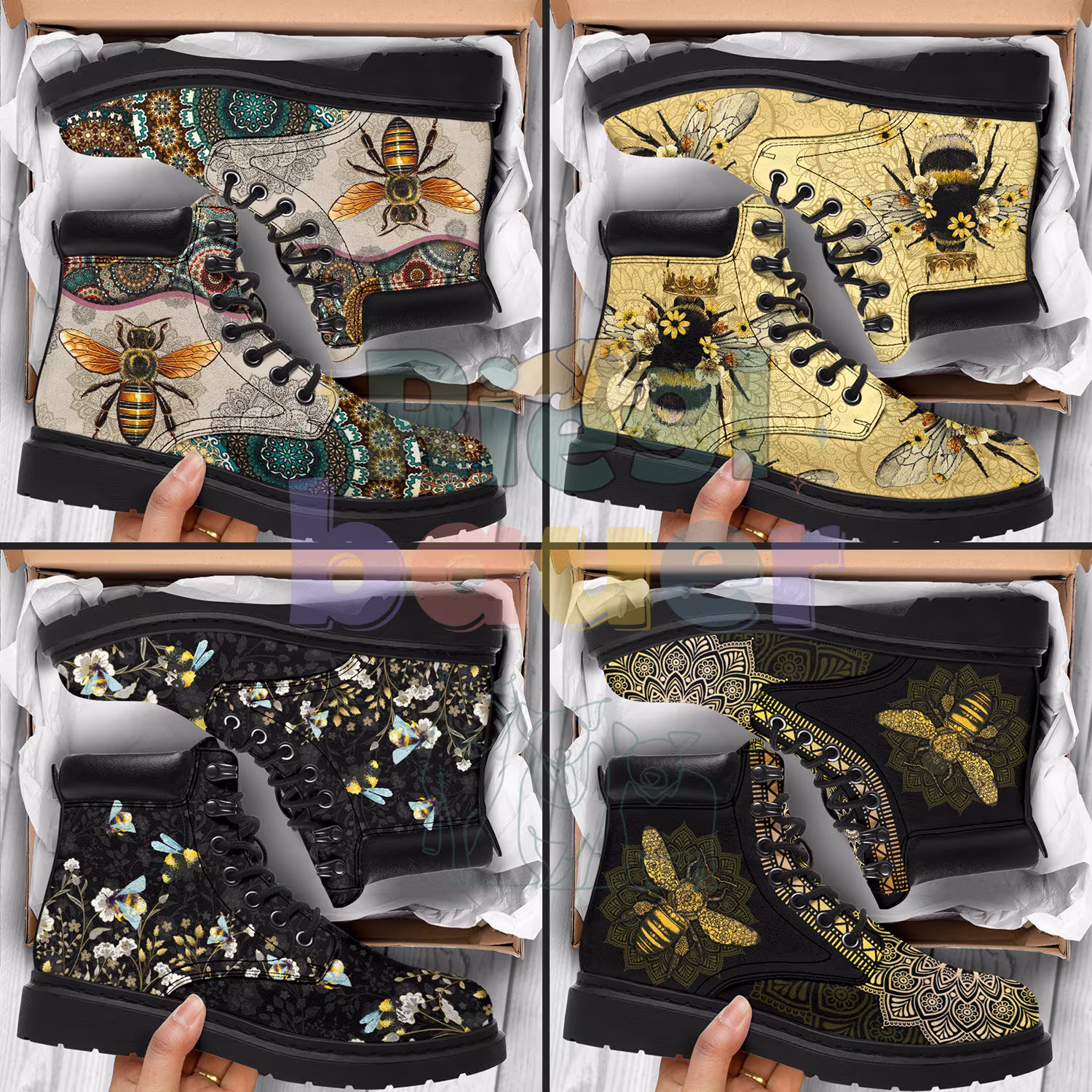Bee Art Boots, Shoes, Casual Classic Boot, Custom Spring Vintage Style, All Season Walking