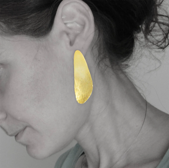 Gold Organic Earrings, Gold Petal Earring, Handmade 24Ct Plated Bronze Hammered Gift For Her