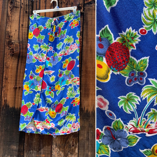 Vintage 80's Tropical Wrap Skirt Palm Trees Fruit Print Adjustable Hibiscus Flowers Pineapple Blue Yellow Red Novelty Maxi Medium M