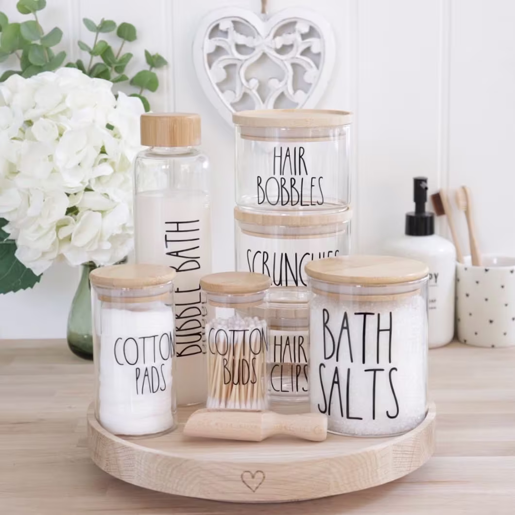 Personalised Bamboo Lid Glass Storage Jar 200Ml, 300Ml, 800Ml Scoop & Stacking Airtight Bathroom Cotton Pads/Buds Bath Salts Bubble