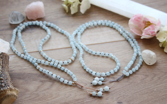 Healing Aquamarine Mala Necklace With Genuine High Grade Knotted Beads, 108 Prayer Yoga Gift
