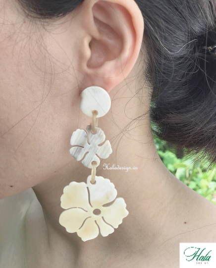 Buffalo Horn Hibiscus Flower Earrings, Big Statement Earrings, Buffalo Horn Jewelry , Boho Earrings, Jewelry, Vietnam
