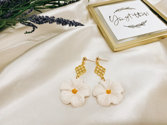 Chandelier Flower Clay Earrings, White Hibiscus Lightweight, Handmade, Statement Earrings - Style 2