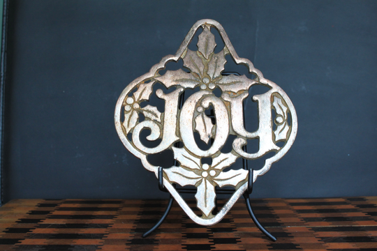 Vintage Christmas Iron Trivet, Joy, Kitchen Ware. Wall Hanging Metal Hot Pad With Holly Berries & Leaves Design. Hostess Gift. Seasonal