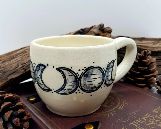 Celestial, Triple Moon Designed Mugs. Hand Thrown & Hand Painted With The Wychlings Pottery Design