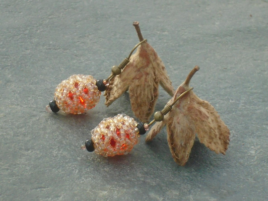 Glowing Embers Earrings, Seed Bead & Crystal Glass Earrings, in Black Pale Gold Czech Beads Red Beads, UK Seller