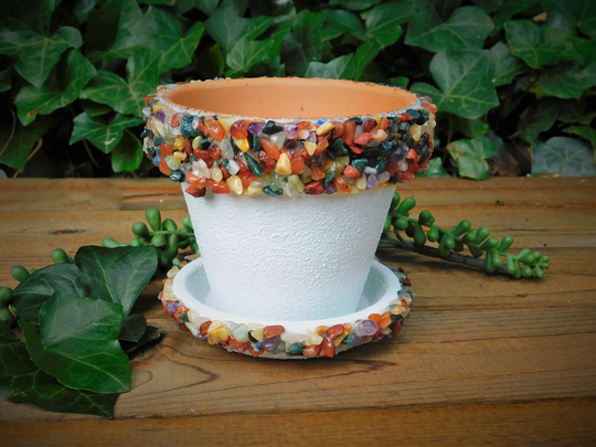 Terra Cotta Planter With Tumbled Gemstones, Flower Pot